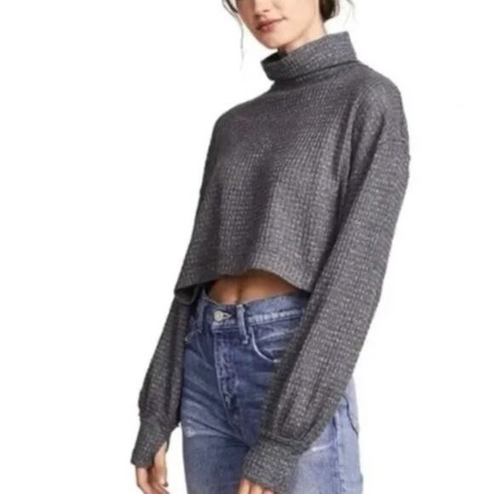 Free People Gray Turtleneck Cropped Sweater